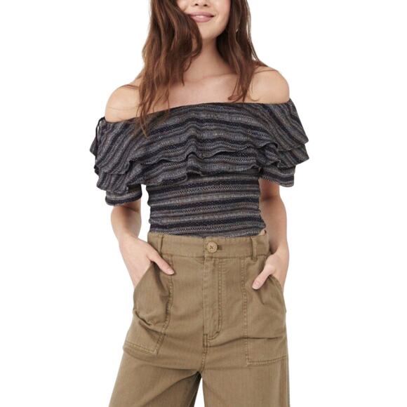 FREE PEOPLE Women’s Heirloom Ruffle Top in Black Combo large - Picture 2 of 7